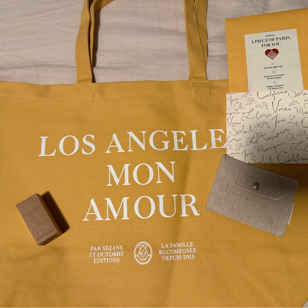 Sezane Los Angeles Yellow Tote Bag with perfume sample and wallet NWOT